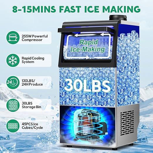 Commercial Ice Maker Machine 130Lbs/24H with 30Lbs Ice Capacity, 45Pcs Clear Ice Cubes Ready in 8-15Mins, Stainless Steel Under Counter Freestanding Large Ice Machine, 2 Water Inlet Modes