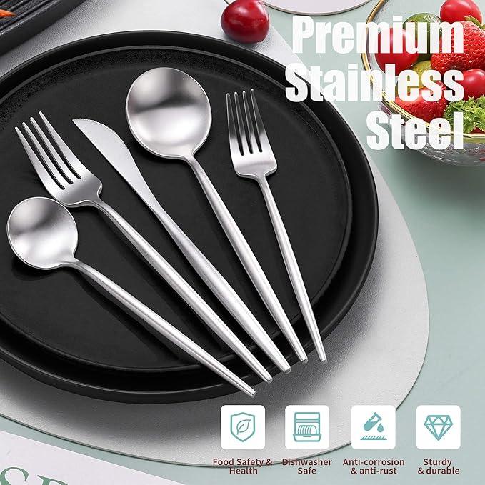 Matte Silverware Set for 4,Modern Stainless Steel Brushed Cutlery Set,20-Pieces Heavy Duty Flatware Set,Knives Spoons and Forks Set Utensils Set, Satin Finish, Dishwasher Safe