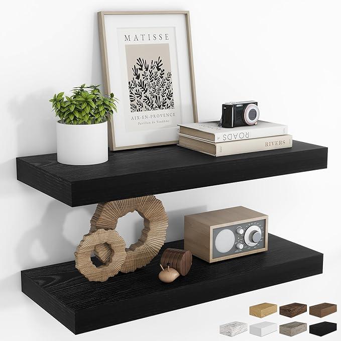 RICHFOCUS 24Inch Floating Shelves for Wall 2 Pack Shelves for Bedroom|Kitchen|Bathroom Wall Mounted Rustic Wood Floating Shelf with Invisible Brackets for Books|Storage|Decor, Black