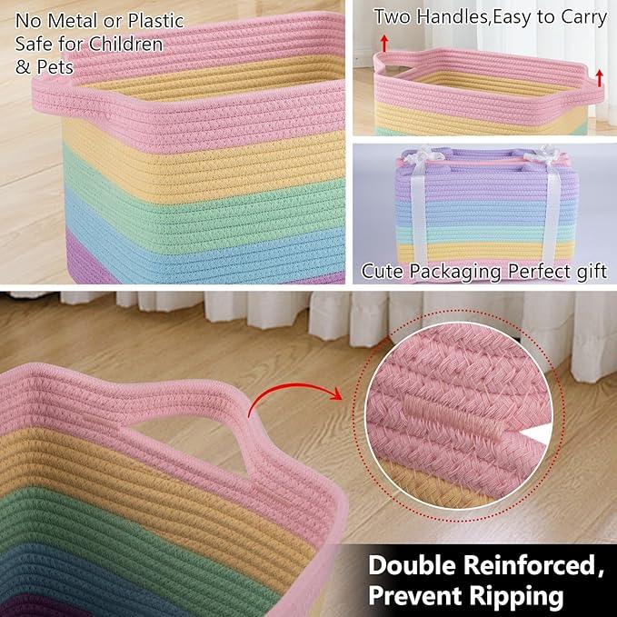 OIAHOMY Storage Basket, Woven Baskets for Storage, Cotton Rope Basket for toys,Towel Baskets for Bathroom - Pack of 3, Rainbow Pastel