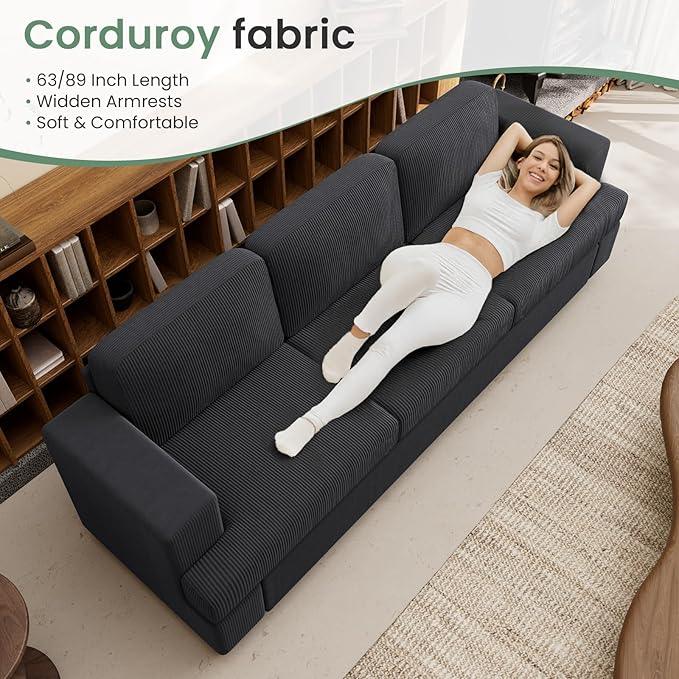 2 Pieces Corduroy Couch Set for Living Room, Black Cloud Sofa, Deep Seat Floor Couch for Bedroom, Futon Modern Sofa Sectional Bed, Black Corduroy