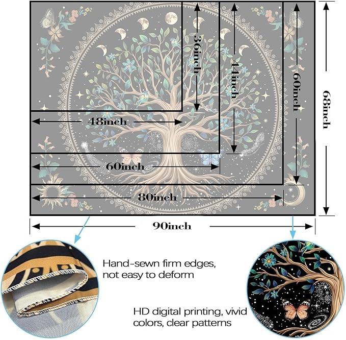 Lunerfex Tree of Life Tapastry Sun and Moon Tapastry Flower Boho Tree Mandala Wall Hanging for Bedroom and Living Room Decor Green Tree 60×80 Inches