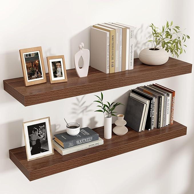 Floating Shelves - 2 Large Wall Mounted Shelves with Invisible Brackets, Long Walnut Wood Floating Wall Shelf for Living Room, Bedroom, Kitchen (36