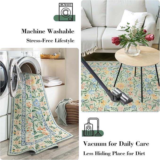 Wonnitar Washable Floral 6x9 Rug, Soft Green Area Rug Boho Non Slip Dining Room Carpet, Non-Shedding Flower Floor Carpets for Kids Bedroom Living Room Dorm Playroom