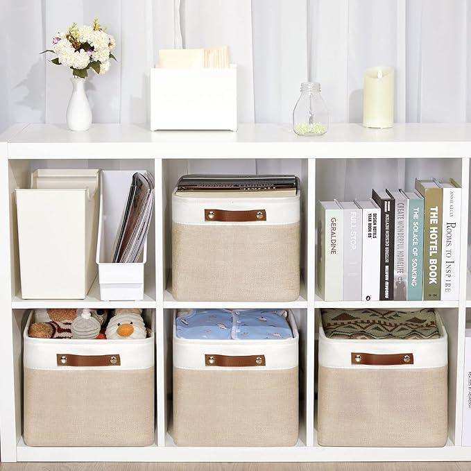 DULLEMELO Fabric Storage Bins for Laundry, Home, Foldable Storage Baskets for Shelves, Toys, Collapsible Storage Bins for Office, Closet,Bedroom(White&Khaki,15