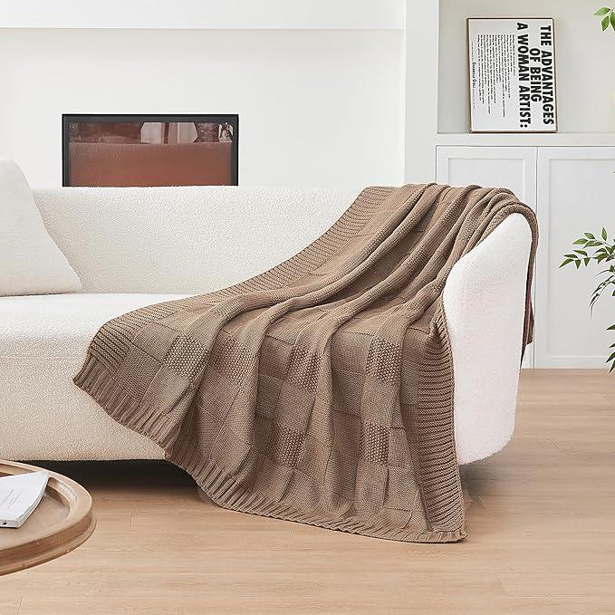 CozeCube Check Knit Throw Blanket, Light Brown Checkered Throw for Couch, Decorative Christmas Soft Cozy Warm Knitted Blanket for Bed Sofa Living Room, 60