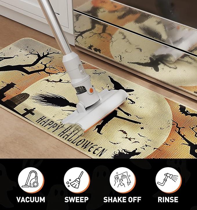Halloween Kitchen Mat Set of 2, Spooky Witch Pumpkin Cat Halloween Kitchen Decor, Halloween Rug for Floor, Indoor Spooky Home Decor with Non-Slip Backing,17 x 29 Inch & 17 x 47 Inch
