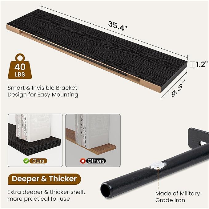 36 Inch Floating Shelves, 9.3 Inch Deep Rustic Wall Shelves - Extra Deeper Wall Mounted Storage Shelves for Bathroom, Kitchen, Living Room (Black, Set of 2)