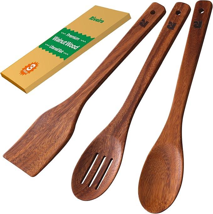 Riveira Walnut Wooden Spoons for Cooking Set of 3 – Natural Walnut Wooden Cooking Utensils, Spatula, Spoon - Premium Quality Utensil Set for Non-Toxic Cooking