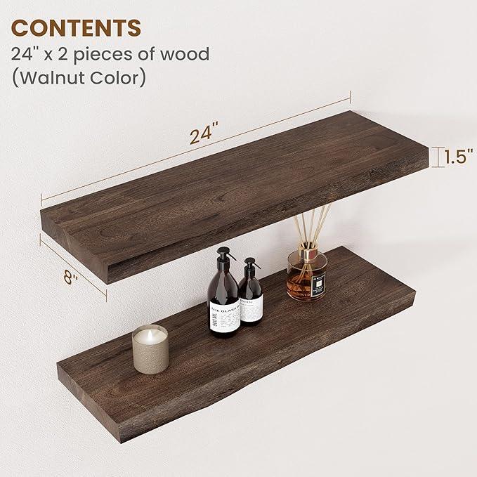 Floating Shelves for Wall Decor, Rustic Solid Elm Wood Live Edge Floating Shelves Wall Mounted, Wall Shelves with Invisible Bracket for Living Room Bathroom Bedroom Kitchen, 24 Inch Set of 2, Walnut
