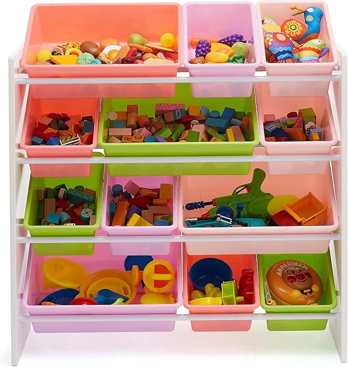 Amazon Basics Kids Toy Storage Organizer With 12 Plastic Bins, White Wood With Pink Bins, 10.9