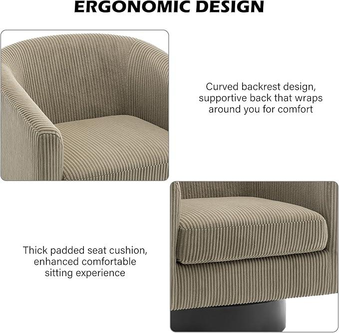 Swivel Barrel Accent Chair, Modern Round Corduroy Fabric Arm Chair for Living Room, Bedroom, Comfy Club Reading Chairs for Adults (Corduroy Camel, Set of 1)