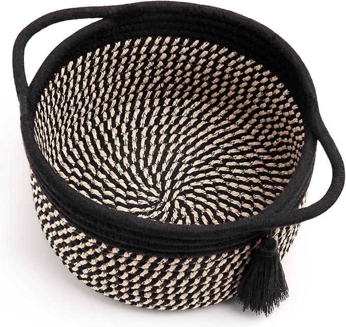 Decorative Small Gift Basket Empty – SweetMemo Cute Woven Rope Organizer Baskets for Desk, Bedside, Bathroom, Key, Round Boho Decor Cotton Bin with tassel, Gift Bag, Ribbon – Rustic Black Brown