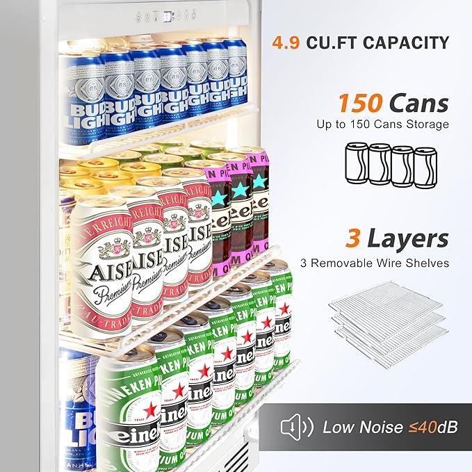 Beverage Refrigerator 24 Inch Drink Fridge, Beer Fridge, 150 Cans Beverage Cooler, Under Counter Refrigerator, Drink Cooler Undercounter Outdoor Refrigerators, Single Glass Door Bar Fridge