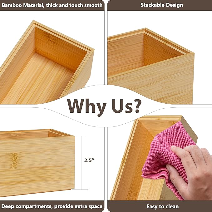 Kitchen Drawer Organizer Bins, Stackable Bamboo Deep Drawer Organizer for Silverware, Utensils, Cutlery, Flatware, Junk Drawer, Dresser, Bathroom, 9