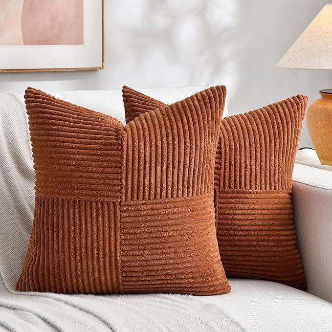 Fancy Homi 2 Packs Rust Big Decorative Throw Pillow Covers 24x24 Inch for Living Room Couch Bed, Rustic Farmhouse Boho Home Decor, Soft Corss Corduroy Patchwork Square Terracotta Cushion Case 60x60 cm