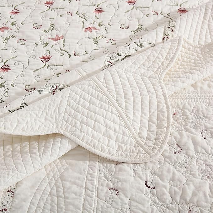 MarCielo 3-Piece 100% Cotton Oversized Bedspread Lightweight Quilt Coverlet Embroidery Farmhouse Bedding Set (TC Soft White,Oversized Queen (100