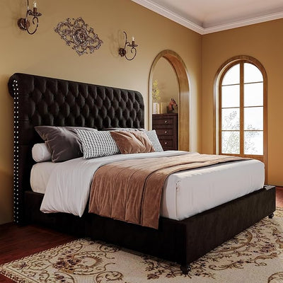 PaPaJet King Bed Frame Upholstered Platform Bed Frame with 52.8'' Tall Sleigh Headboard, Button Tufted, No Box Spring Needed, Easy Assembly, Black