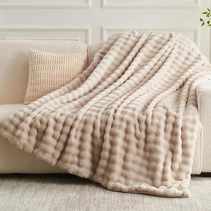 NEWCOSPLAY Faux Fur Throw Blanket Linen Bubble Blanket Thick Warm Soft for Couch Sofa Bed 550GSM (Linen, Throw(50