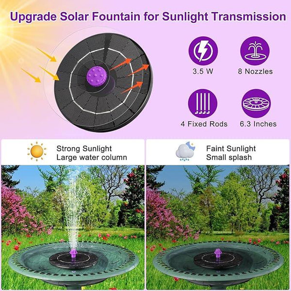 3.5W Solar Bird Bath Fountain Pump, Solar Powered Water Pump, Outdoor Water Fountain Pump with 8-in-1 Nozzles, 4 Fixed Pipes for Hummingbirds, Garden, Pool, Pond