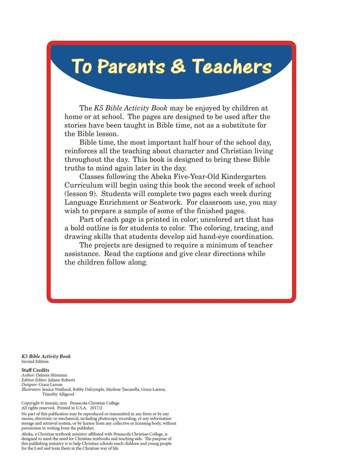 Abeka K5 Coloring and Activity Book with Religious Content
