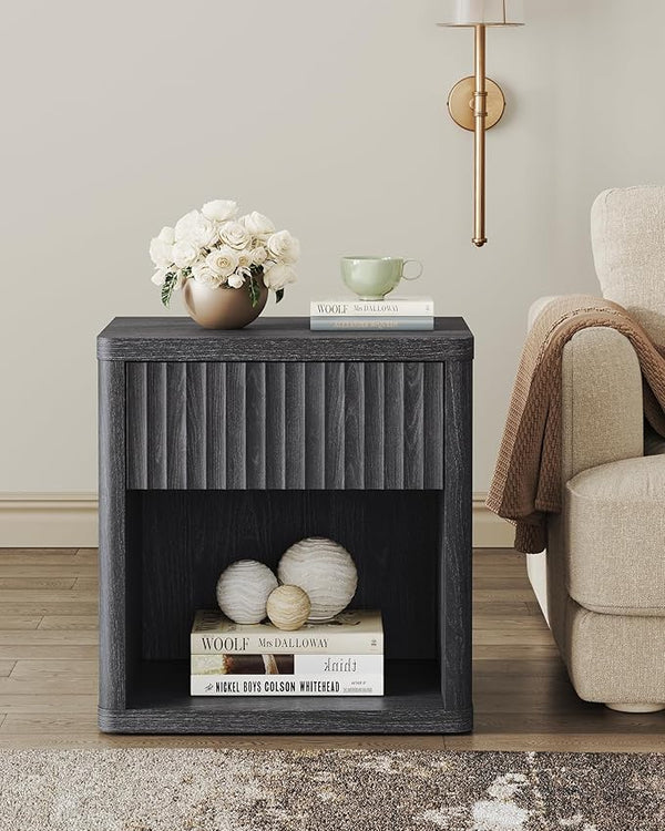 SICOTAS Night Stand Nightstand with Drawer Storage Fluted Bed Side Table End Table Large Modern Wide Bedside Mid Century Night Stands for Bedroom Living Room Sofa Couch Home Office, Dark Grey Alder