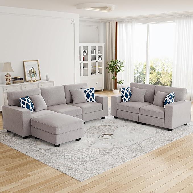 L Lengend Vansen Modular Sectional Sofa U Shaped Couch with Ottoman Modern Reversible Corner Sectional Couch for Living Room (Light Grey, 2+3 with Ottoman)