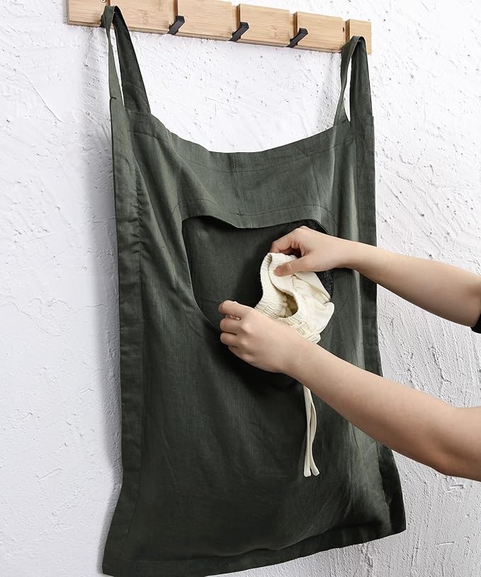 Amazhiyu 100% Linen Door Hanging Laundry Hamper Bag, 19x27 Inches Dusty Green