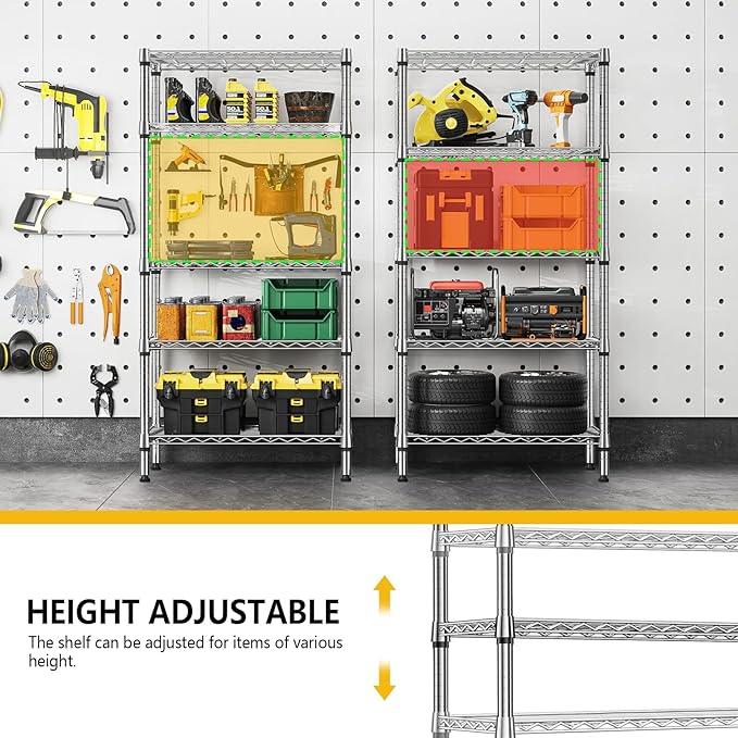 1250 lbs 5 Tier Shelf Metal Storage Shelves Shelving Wire Rack Heavy Duty Closet Organizers for Garage Kitchen Bathroom Laundry Chrome 13.8
