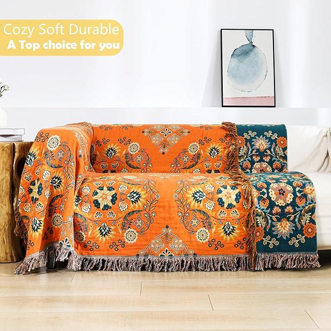 Boho Large Throw Blanket, 100% Organic Cotton Breathable Soft Bed Throw - Floral Farmhouse Decor Blanket for Sofa Couch Chair and Gift. 91