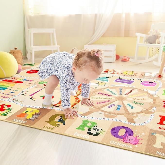 4x6 Playroom Rugs for Kids Washable, Educational and Fun Playmat with ABC Alphabet Animals Shapes Colors, Non-Slip Play Mat Learning Rugs for Baby Toddler Children Game Activity, Beige