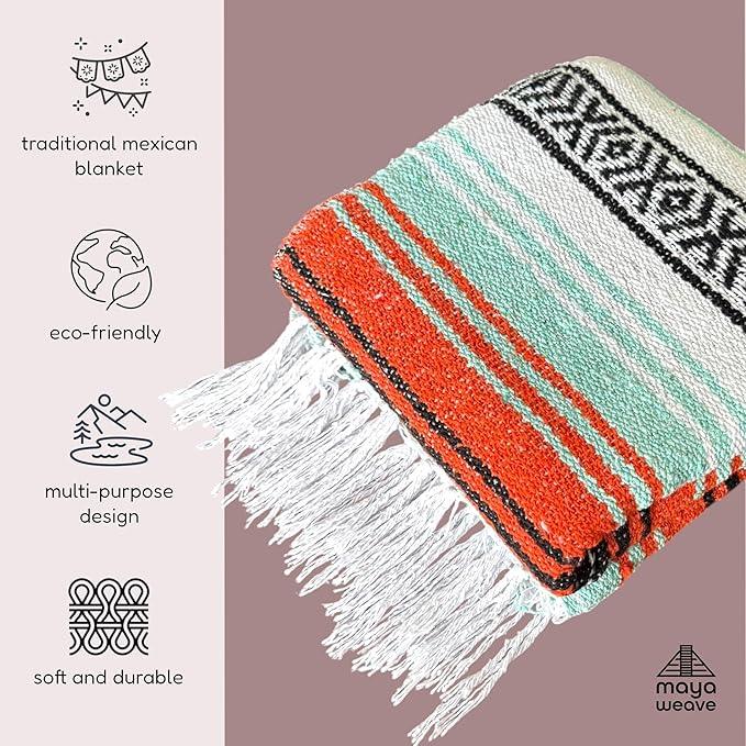 Traditional Handwoven Mexican Blanket, Large Falsa Serape - Soft & Durable - Vibrant Beach, Picnic, Yoga & Camping Mat - Lightweight Boho Throw 70