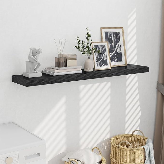 Fun Memories 55 Inch Fireplace Mentel Shelf, 10 Inch Deep Shelves for Display & Wall Storage, Rustic Wood Wall Shelf, Extra Long Floating Shelves for Living Room Laundry Room, Black, Set of 1