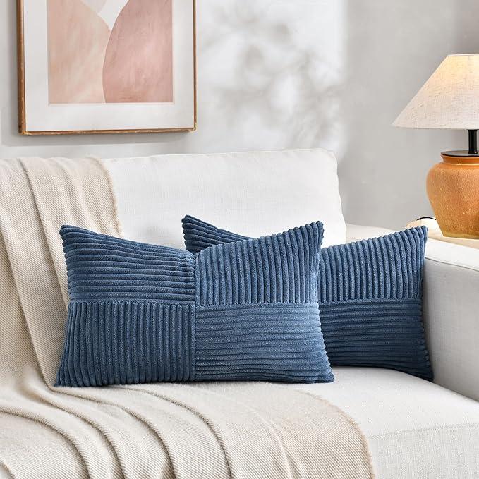 Fancy Homi 2 Packs Dusty Blue Lumbar Decorative Throw Pillow Covers 20x28 Inch for Couch Bed Sofa, Rustic Farmhouse Boho Home Decor, Soft Striped Corduroy Rectangle Accent Cushion Case 50x70 cm