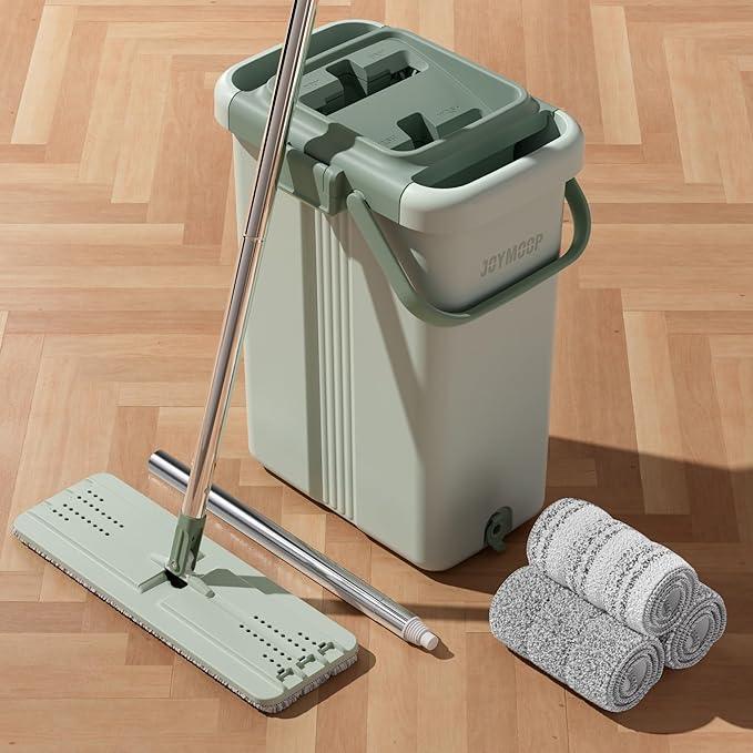 JOYMOOP Mop and Bucket with Wringer Set, Flat Squeeze Mop with Bucket (X-Large), Dust Mop for Wall Cleaner with Long Handle, Microfiber Mop - Green Bucket with 3 Reusable 15