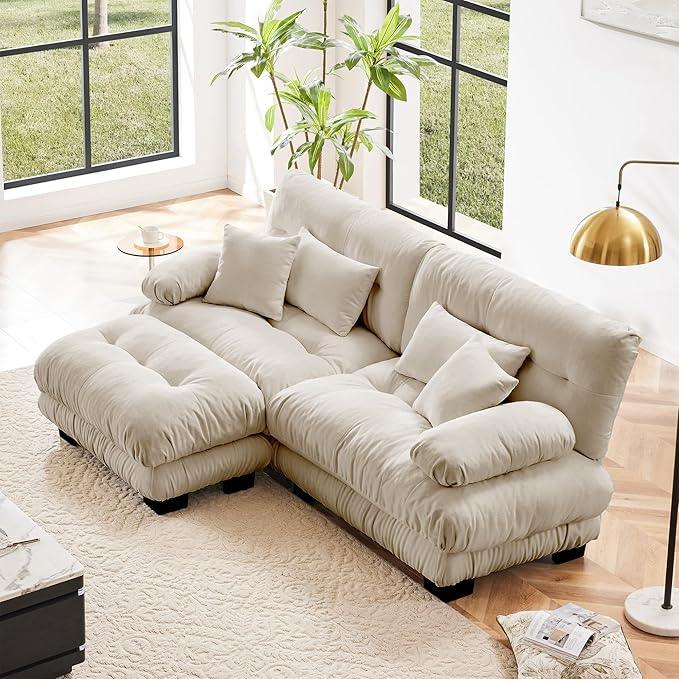 Modular Sectional Sofa, L Shaped Couch with Ottoman, 2 Seater Cloud Couch Small Couches for Small Spaces, Modern Deep Seat Sofa Living Room Oversized Loveseat W/Bolster Armrests 4 Pillows