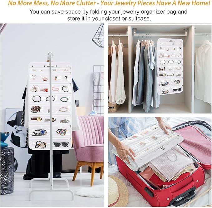 Freegrace Hanging Jewelry Organizer Revolving Hanger - Secure Zipper Closure - 25 Pockets,23 Hooks - Foldable Storage & Display Solution - For All Jewelry & Bijoux (White)
