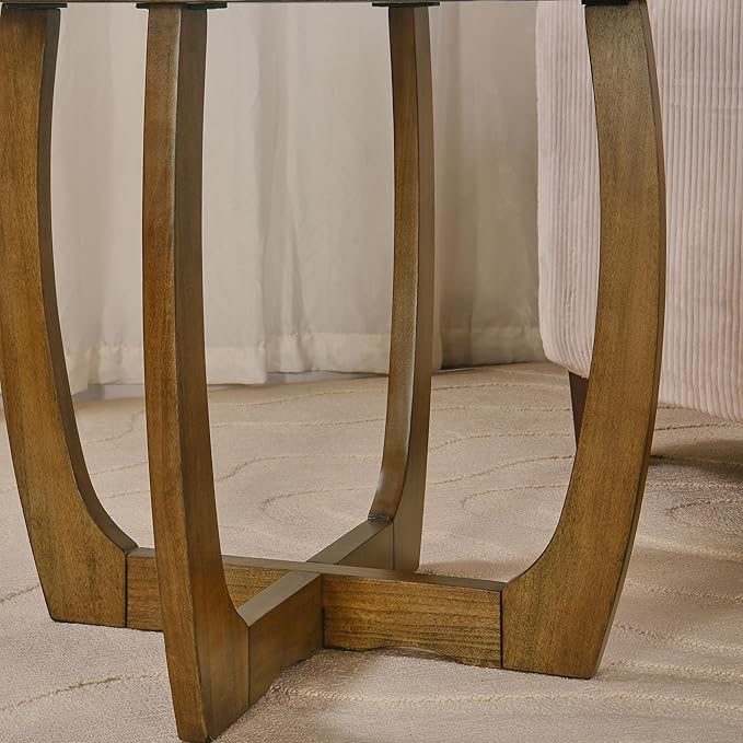 PADMA HOUSE Round Wood End Table with Curved Legs, Drum Circle Side Table with Snowflake Tabletop, Rounded Wooden Sofa Side Table, Brown Walnut Wood Tabletop & Legs 23.6