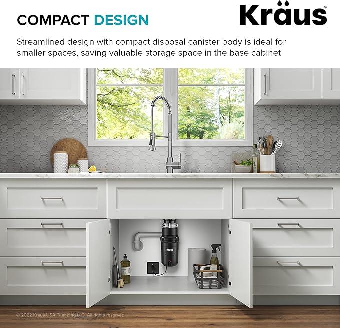 KRAUS WasteGuard 1/2 HP Continuous Feed Ultra-Quiet Motor Garbage Disposal with Quick Connect Mount, Power Cord and Flange Included, KWD110-50MBL