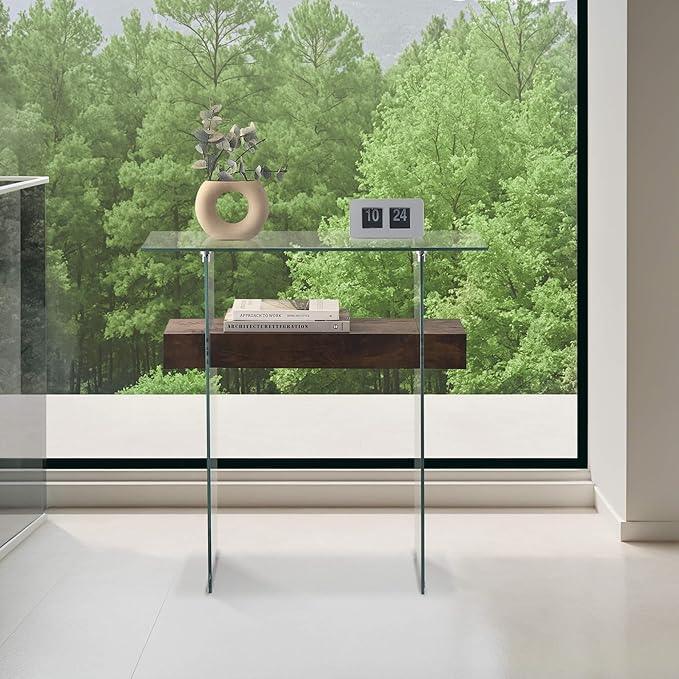 ivinta Narrow Glass Console Table with Storage, 31.5'' Rustic Entryway Table with Storage Shelves for Living Room, Hallway, Foyer, Bedroom 5103 (Dark Brown)
