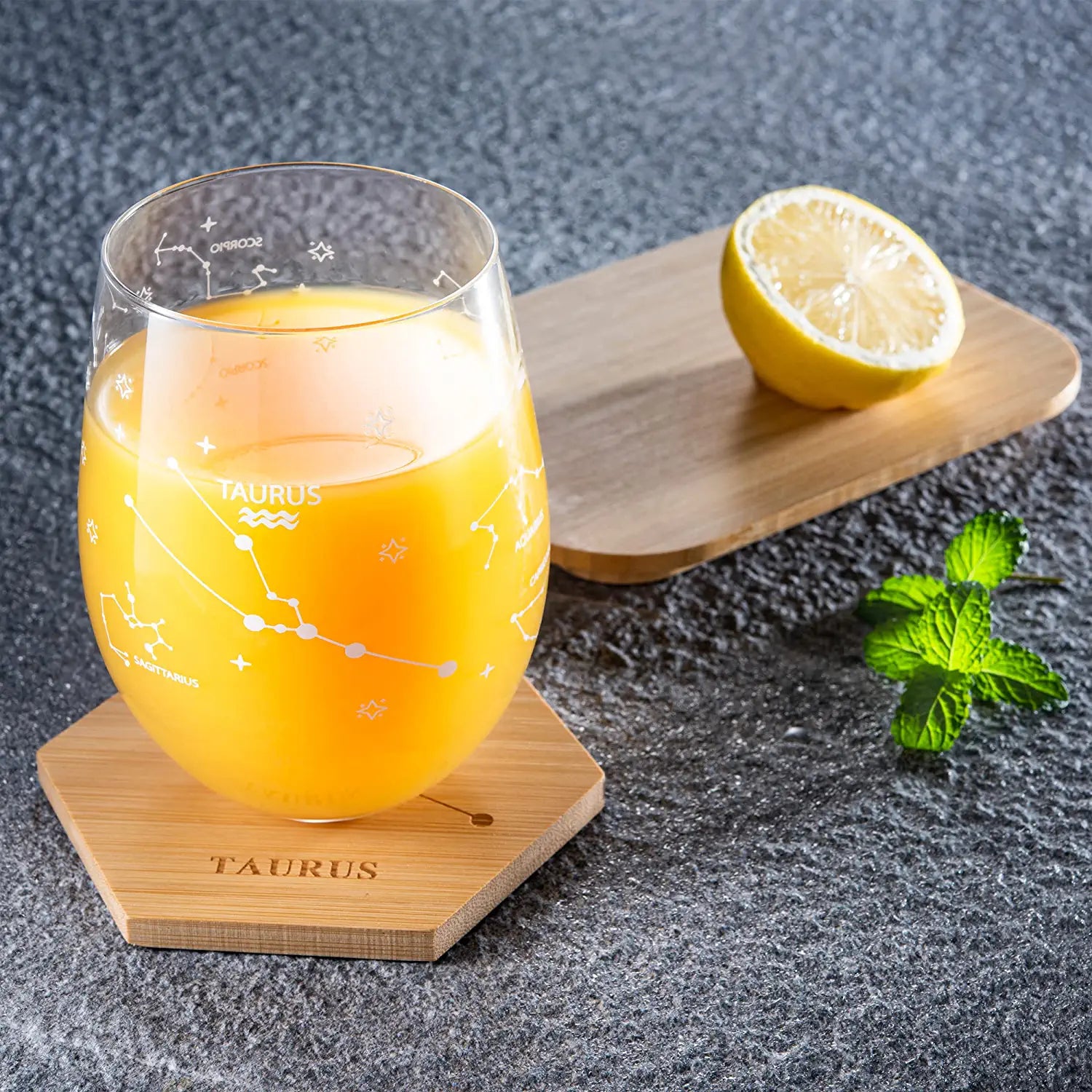 Set of 2 Zodiac Sign Wine Glasses with 2 Wooden Coasters by The Wine Savant - Astrology Drinking Glass Set with Etched Constellation Tumblers for Juice, Water Home Bar Horoscope Gifts 18oz (Taurus)