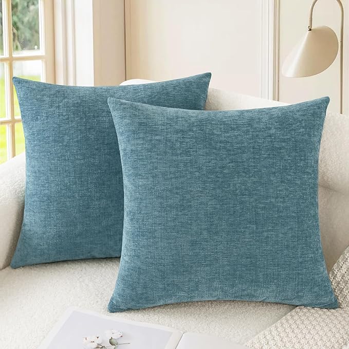CaliTime Throw Pillow Covers Decorative 24 X 24 Inches Pack of 2 Cozy Chenille Cushion Cases for Couch Sofa Bed Living Room Home Smoke Blue