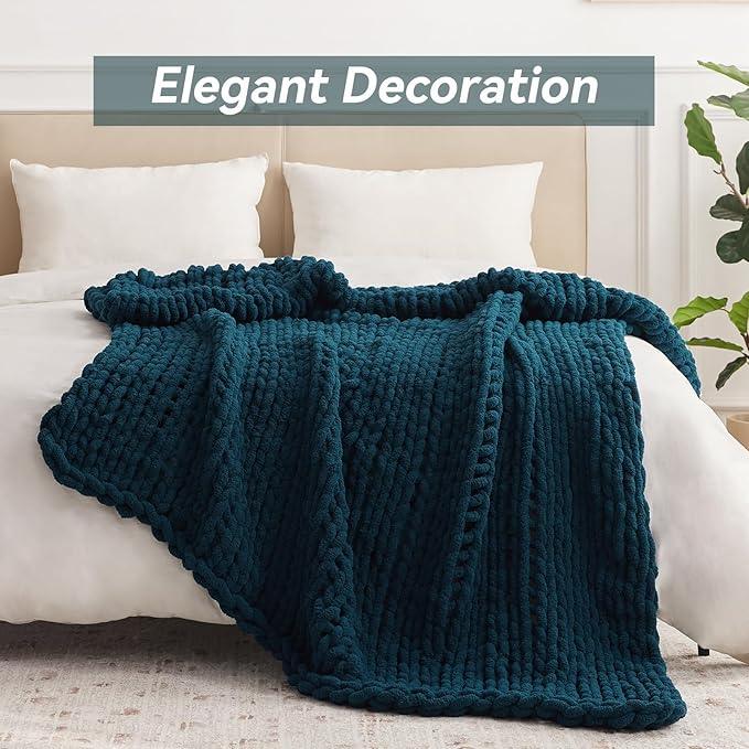Chunky Knit Throw Blanket, 60''*80'' Knitted Throw Chenille Yarn for Bed Couch, Handmade Peacock Blue Crochet Big Thick Blanket, Machine Washable Cute Comfy Blanket for Home Decor