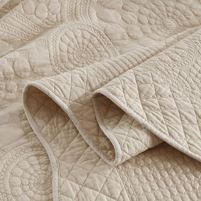 MarCielo 3-Piece 100% Cotton Oversized Bedspread Lightweight Quilt Coverlet Embroidery Farmhouse Bedding (Tf Khaki Beige, Oversized King (118