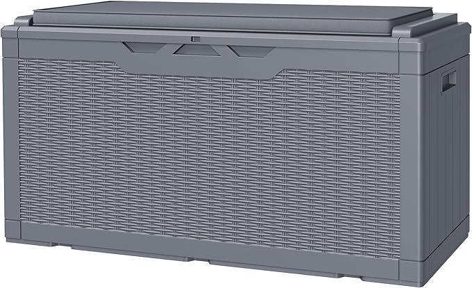 JUMMICO 100 Gallon Resin Deck Box with Cushion, Waterproof Outdoor Storage Box with Lockable Lid for Garden Tools, Patio Cushions (Gray)