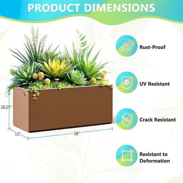 FENCY Large Metal Planter, Large Rectangular Planters for Outdoor Plants, Tall Outdoor Planters for Porch Patio, 38