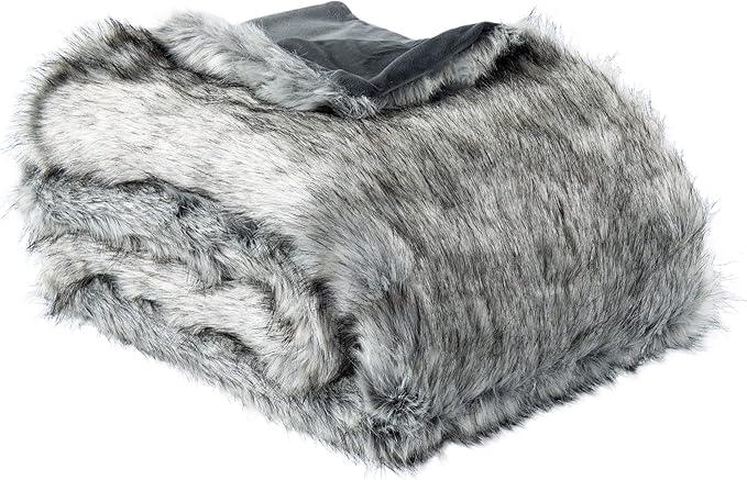 BATTILO HOME Wolf Faux Fur Blanket, Extra Large Fox Fur Throw Blankets for Couch, Bed, Super Soft, Fluffy, Eelegant, Grey with Black Tips Blanket Reversible to Plush Velvet, (Grey, 60