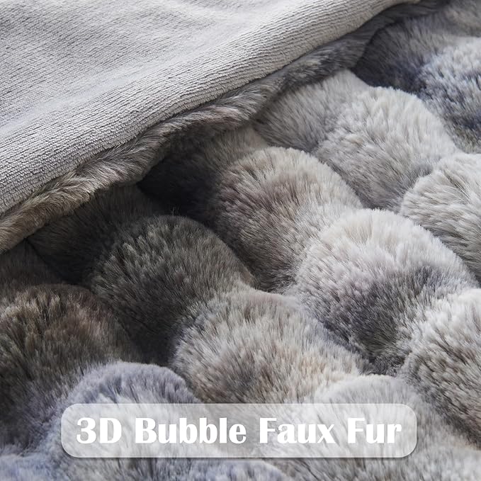 NEWCOSPLAY Faux Fur Twin Blanket Tie-dye Grey Luxury Fluffy Thick Warm Bubble Blanket for Couch Sofa Bed 700GSM (Tie-dye Grey, Twin(60