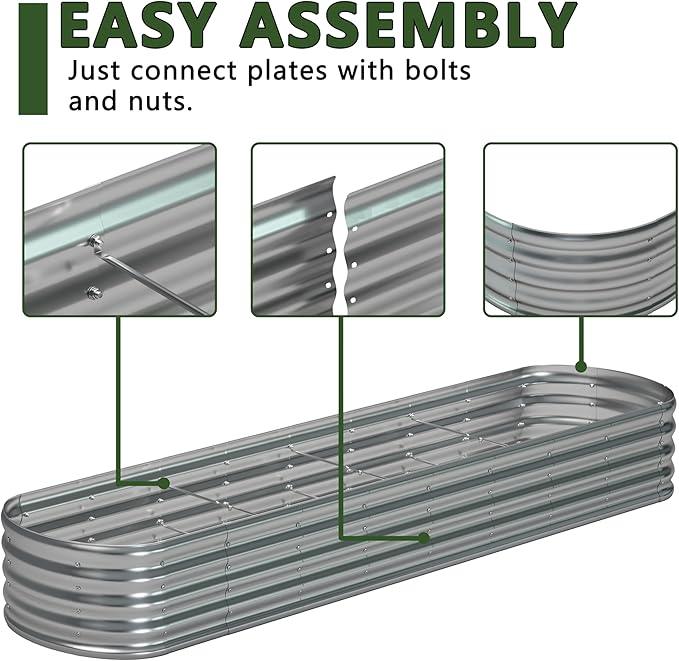 12x2x1.3 Oval Galvanized Raised Garden Bed,Outdoor Planter Box Metal Patio Kit Planting Bed for Vegetables Flowers and Succulents