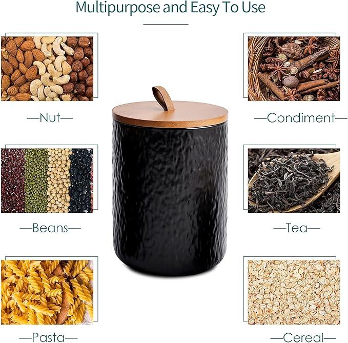 JOJUNO Black Ceramic Canister Set with Wooden Lid, 3-Piece Airtight Food Storage Jars for Kitchen Counter - Flour, Sugar, Coffee, Tea, Spice - Small, Medium, Large Sizes - Stone Texture